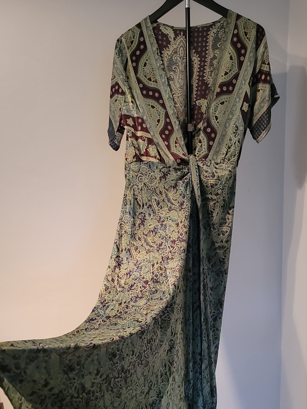 Bohemian Paisley Wrap Maxi Dress in Sage Teal and Brown